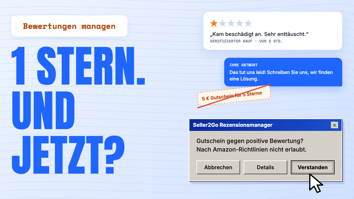 1-Sterne-Bewertung „Kam beschädigt an“, Händlerantwort und ein durchgestrichener Gutschein für 5 Sterne.