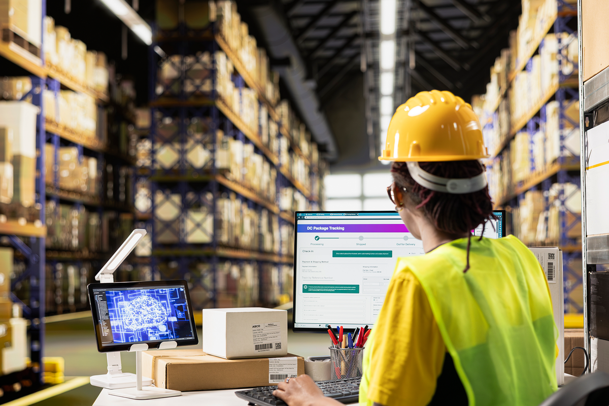 Lagerarbeiterin am Computer zur Paketverfolgung