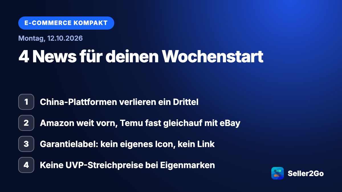 E-Commerce kompakt vom 12.10.2026: China-Plattformen verlieren ein Drittel, Amazon weit vorn, Temu fast gleichauf mit eBay, Garantielabel: kein eigenes Icon, kein Link, Keine UVP-Streichpreise bei Eigenmarken