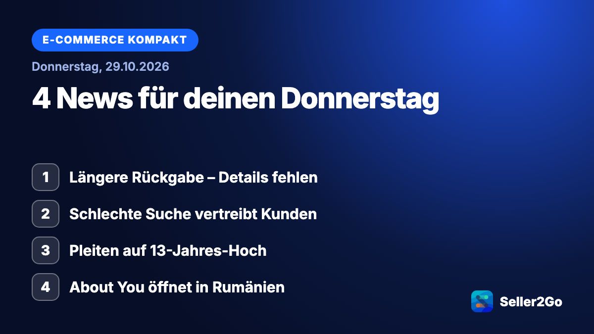 E-Commerce kompakt vom 29.10.2026: Längere Rückgabe – Details fehlen, Schlechte Suche vertreibt Kunden, Pleiten auf 13-Jahres-Hoch, About You öffnet in Rumänien