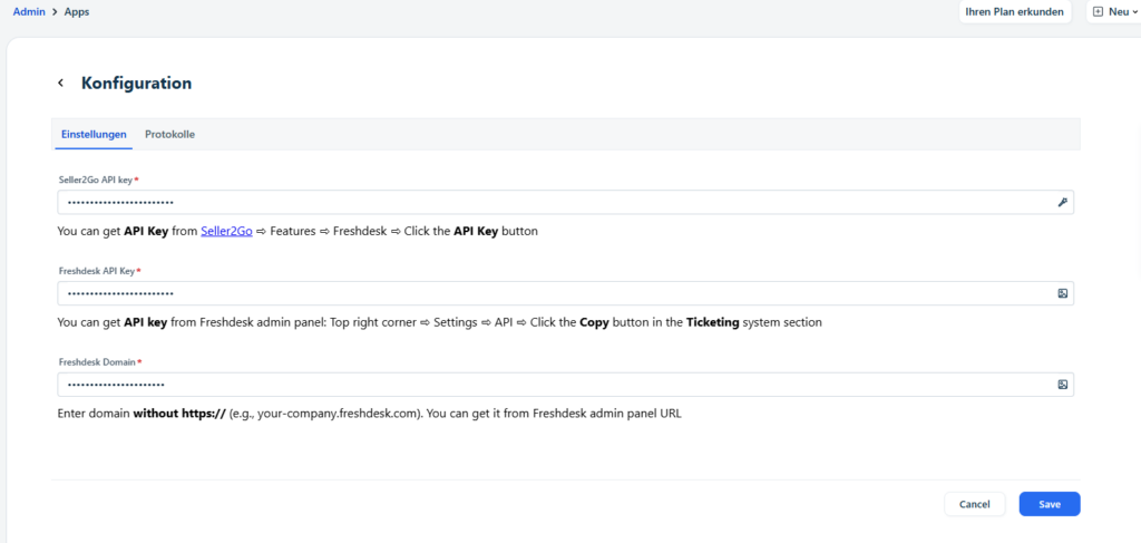 Freshdesk Connector öffnen