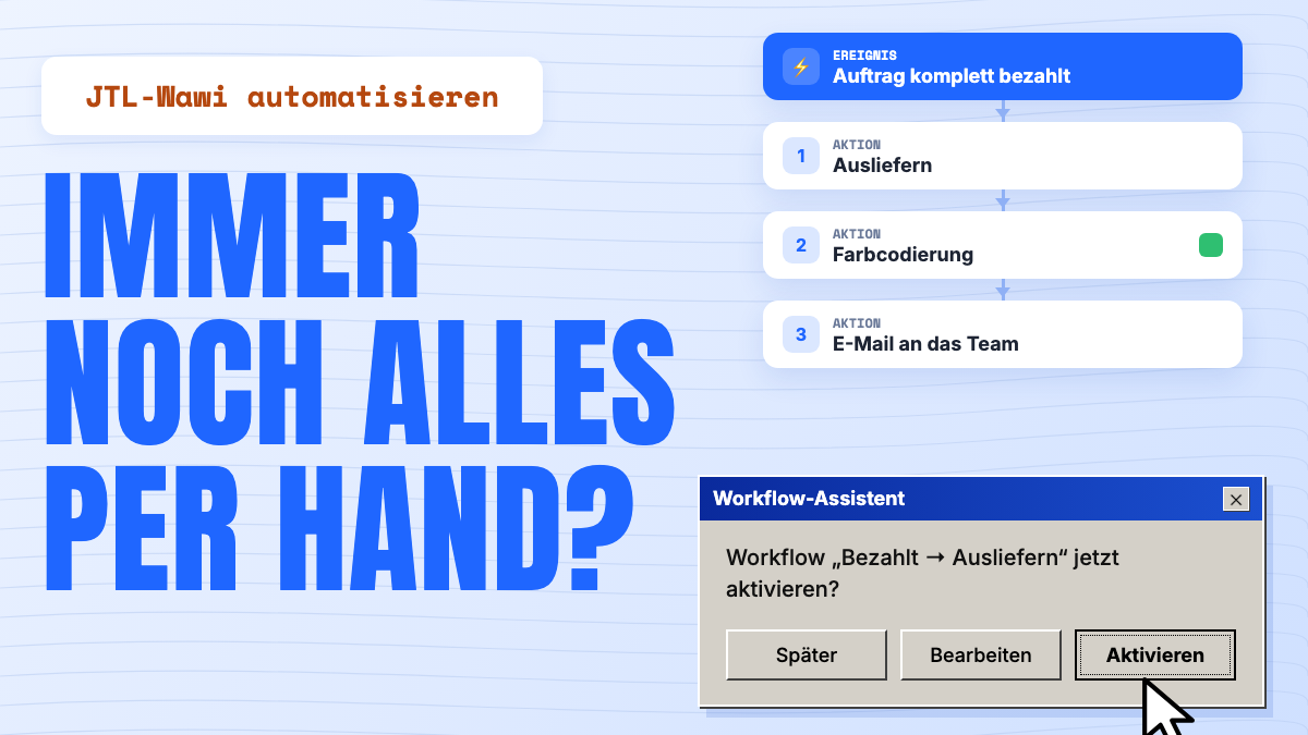 Workflow-Schema: Auftrag komplett bezahlt, dann Ausliefern, Farbcodierung und E-Mail an das Team.