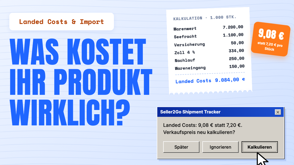 Kalkulationsbeleg für 1.000 Stück: Landed Costs 9.084 €, also 9,08 € statt 7,20 € pro Stück.
