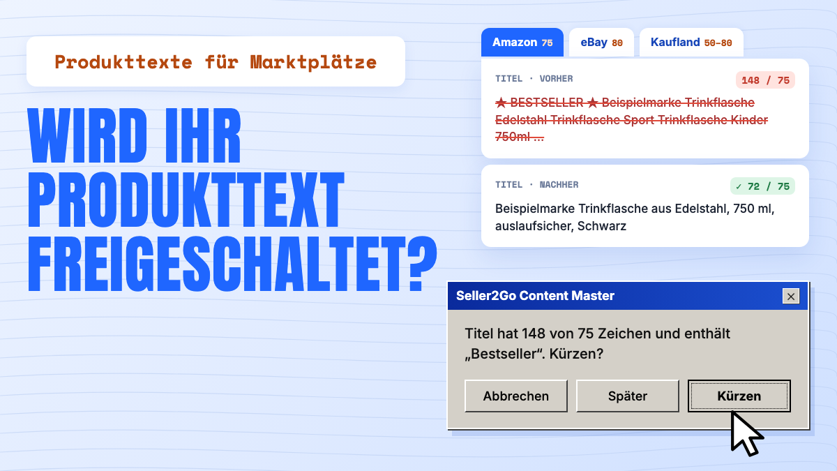 Produkttitel vorher mit 148 von 75 Zeichen durchgestrichen, nachher gekürzt auf 72 Zeichen.
