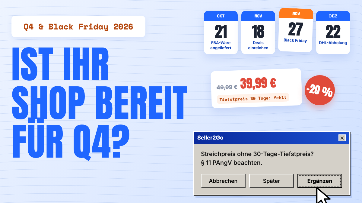 Kalender mit 21.10., 18.11., Black Friday am 27.11. und 22.12., daneben ein Preisschild mit −20 % ohne 30-Tage-Tiefstpreis.